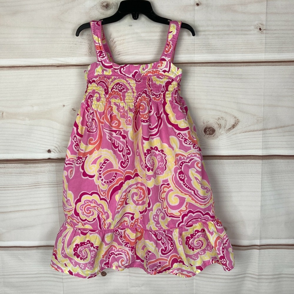 Gap Dress Girls Small Pink Yellow Cotton Paisley A-Line Sleeveless Square Neck